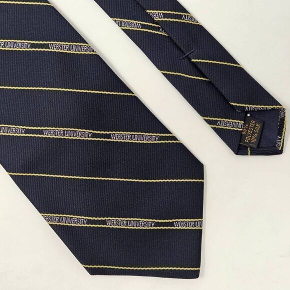 VINTAGE WEBSTER UNIVERSITY POLYESTER TIE NAVY BLUE YELLOW STRIPE 3.5" X 56" - Picture 1 of 3